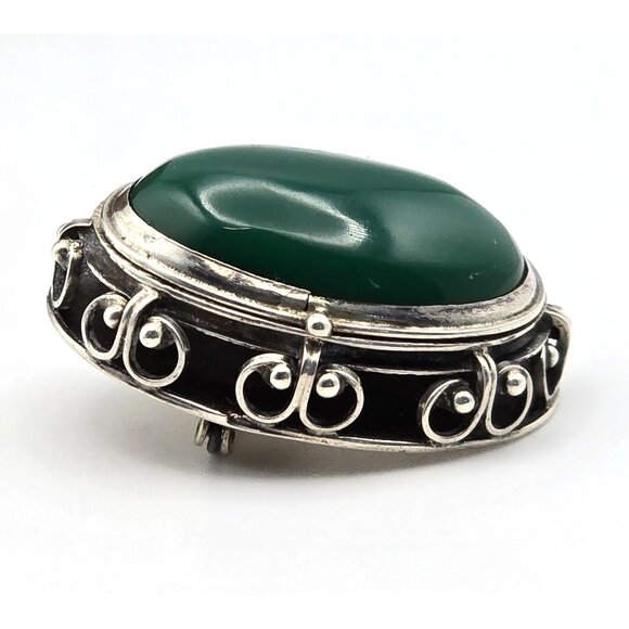 VTG Taxco Sterling Silver Locket Brooch Pin w/ Green Agate Oval Cabochon 1950s - Picture 4 of 13